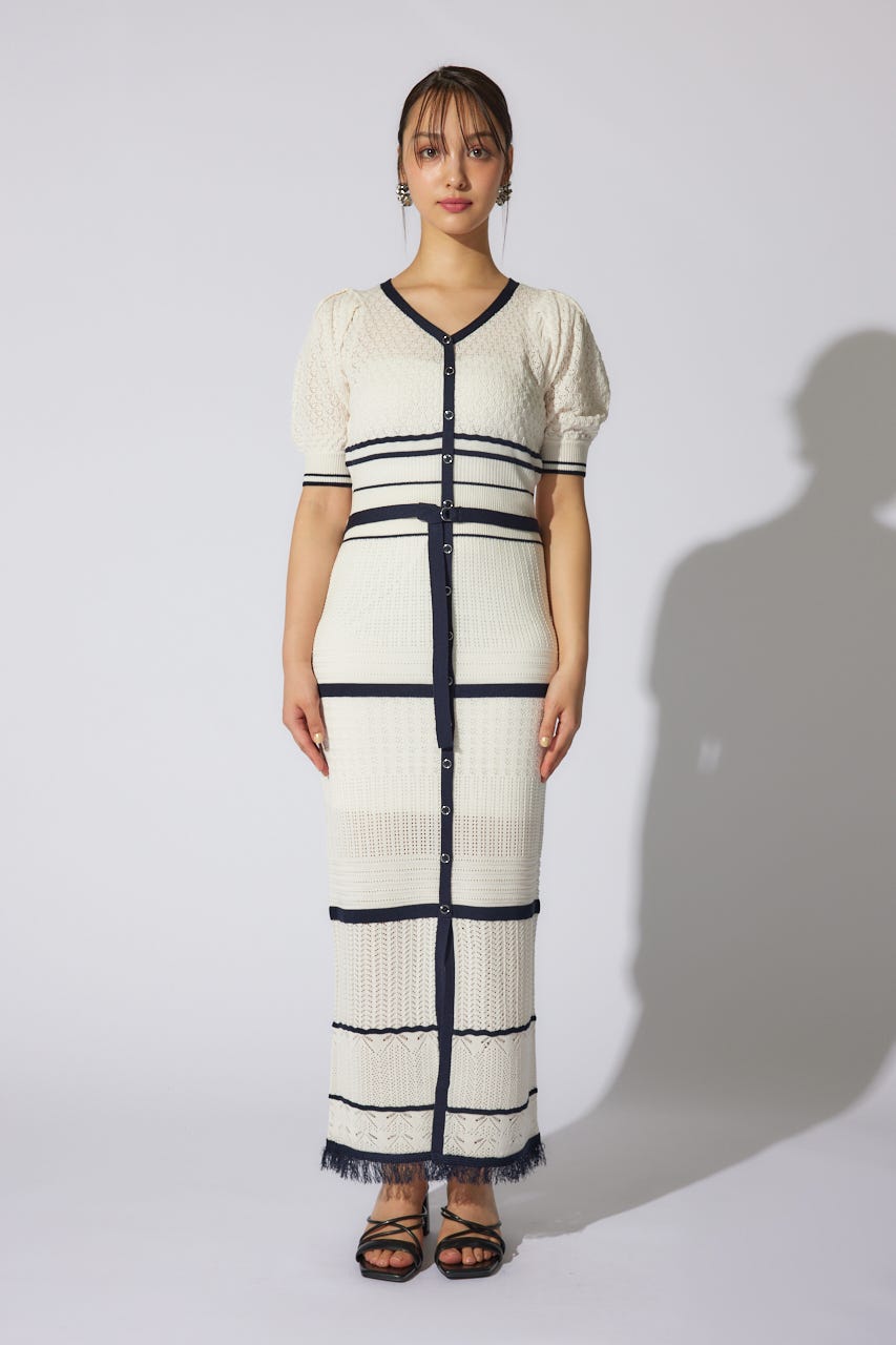 2WAYフリンジライン配色クロシェニットワンピース WHT FREE