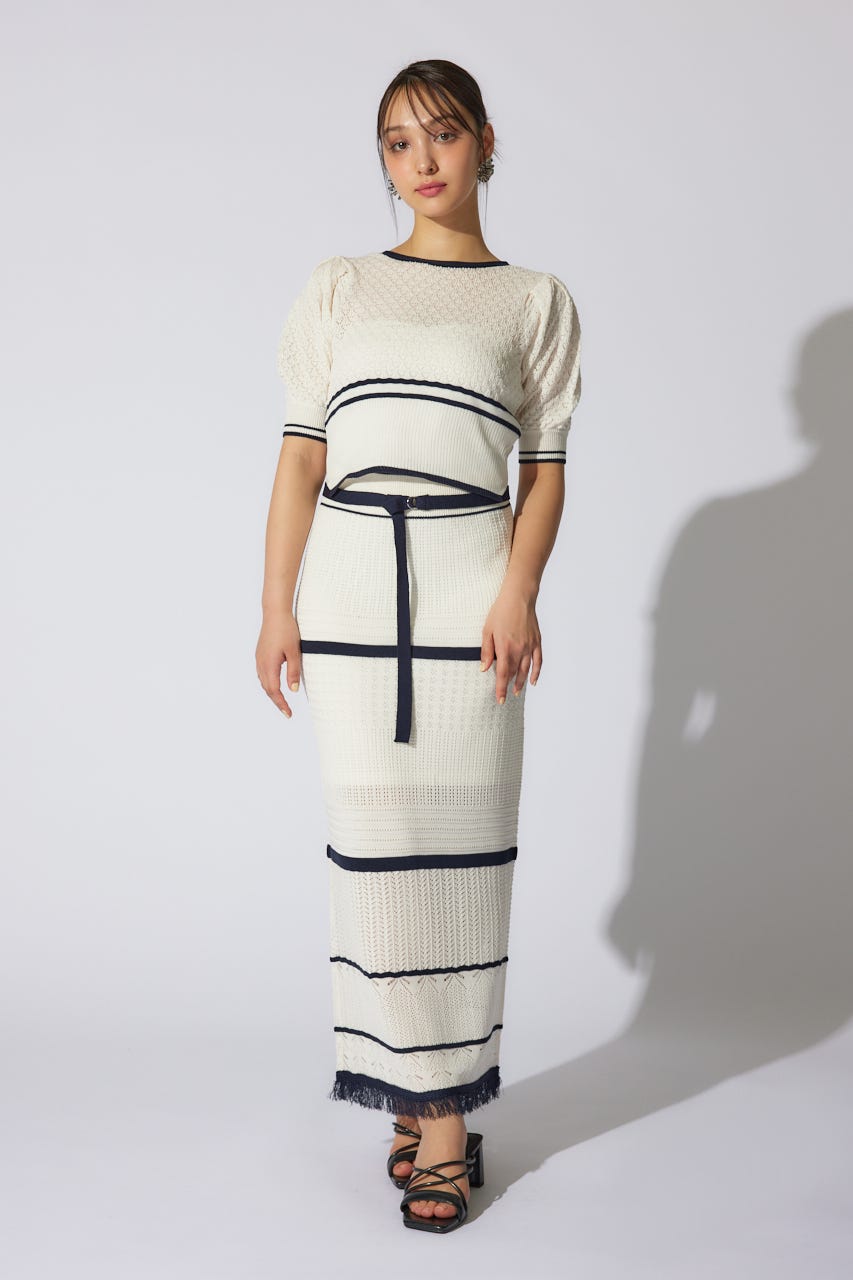 2WAYフリンジライン配色クロシェニットワンピース WHT FREE