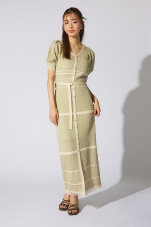 2WAYフリンジライン配色クロシェニットワンピース