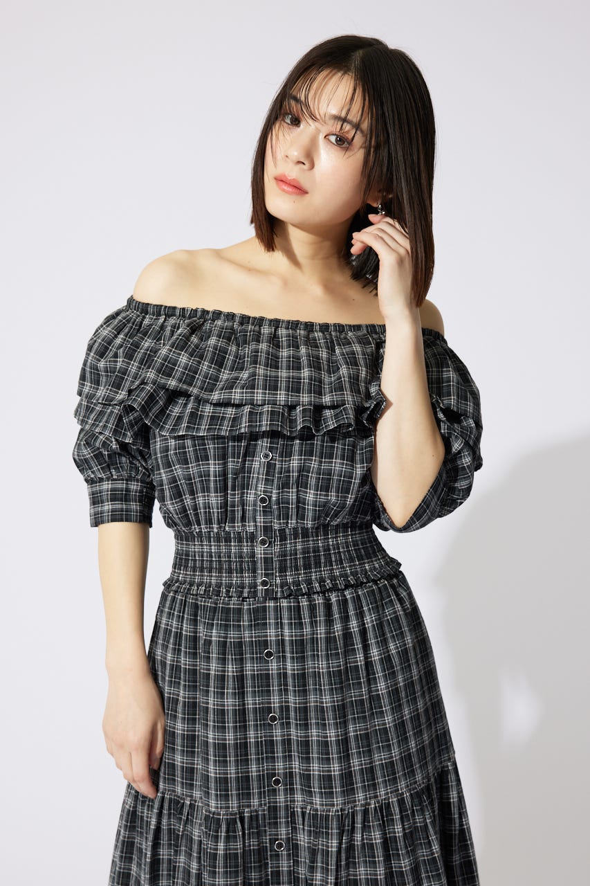 2WAYオフショルダーショートトップス 柄BLK FREE