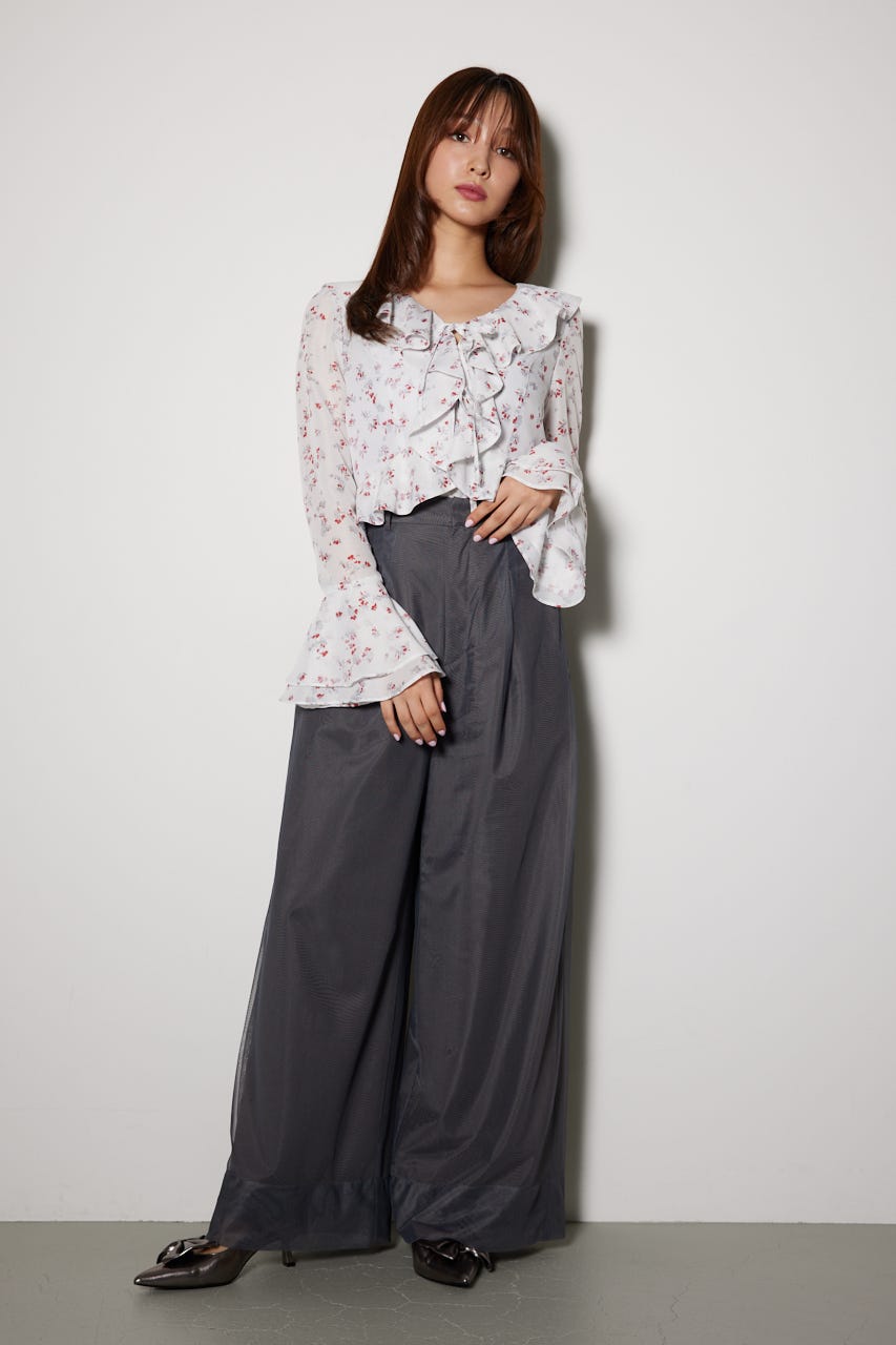 チュールレイヤードジャストウエストストレートパンツ GRY M