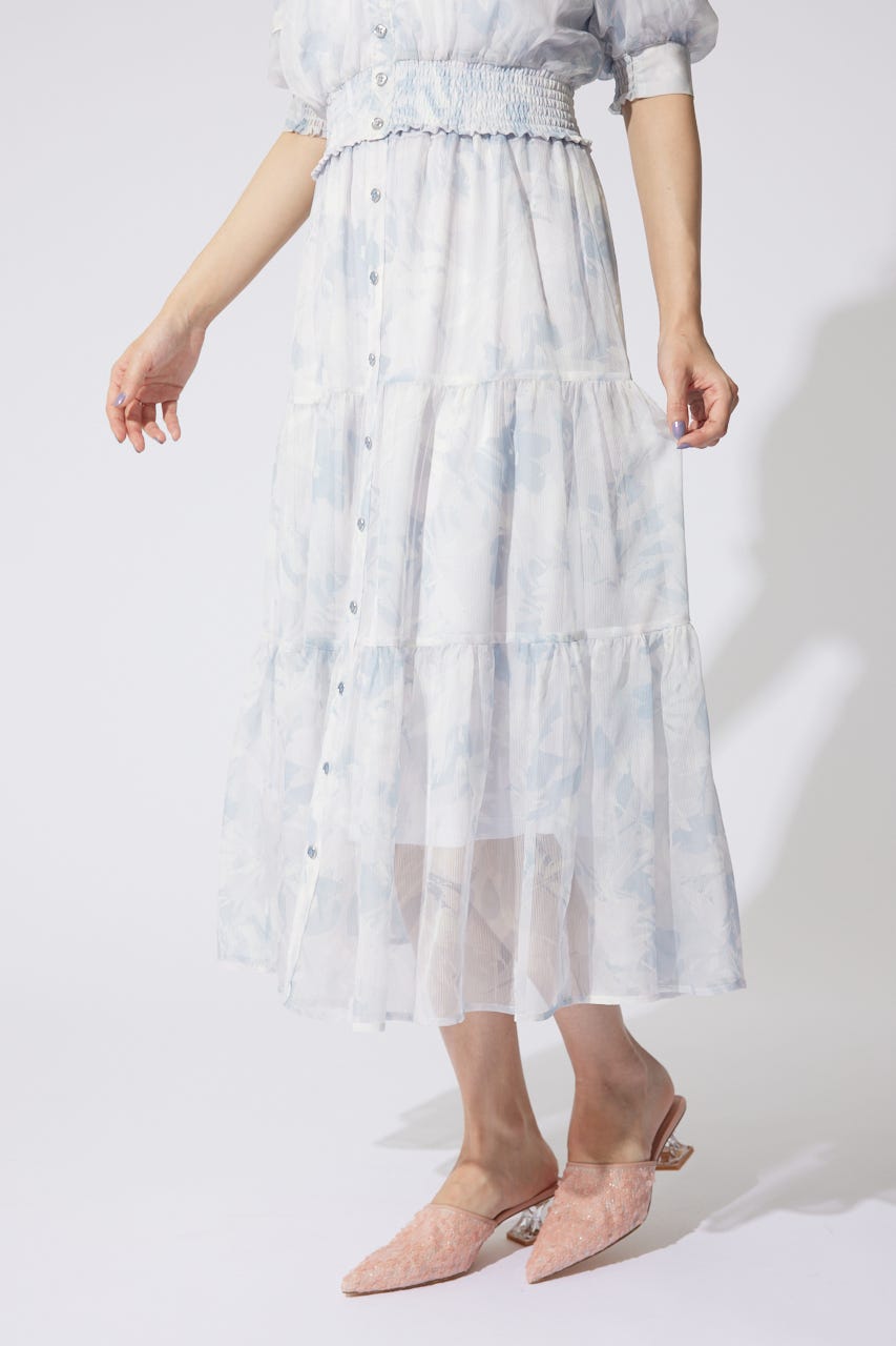 センターボタンデザインティアードフレアスカート 柄PUR FREE