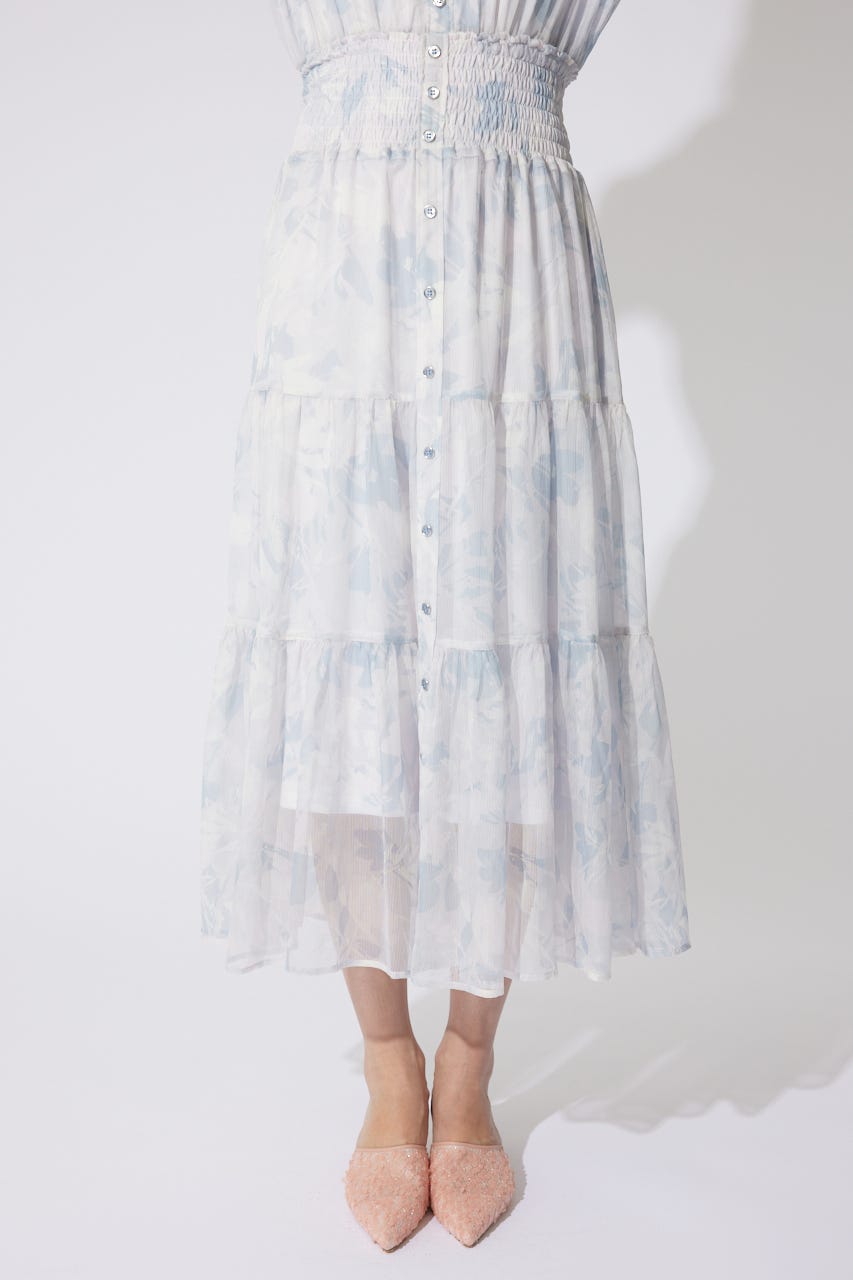 センターボタンデザインティアードフレアスカート 柄PUR FREE