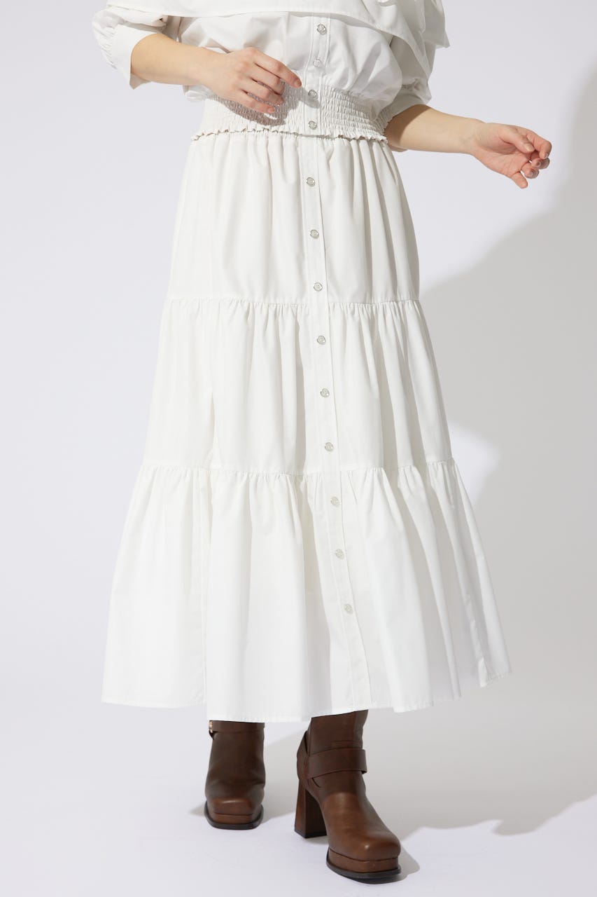 センターボタンデザインティアードフレアスカート WHT FREE