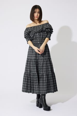 センターボタンデザインティアードフレアスカート