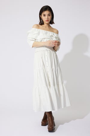 センターボタンデザインティアードフレアスカート