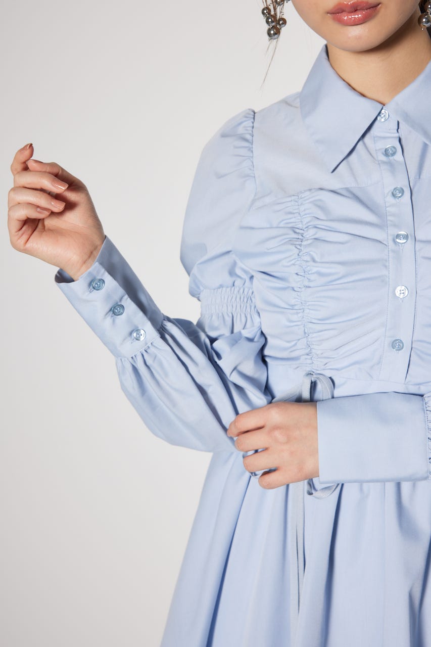 フロントシャーリングリボンミニシャツフレアワンピース BLU M