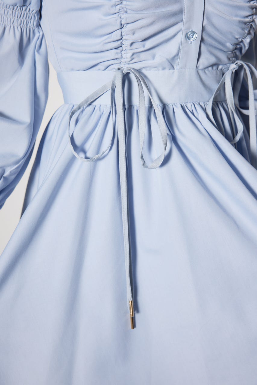 フロントシャーリングリボンミニシャツフレアワンピース BLU M