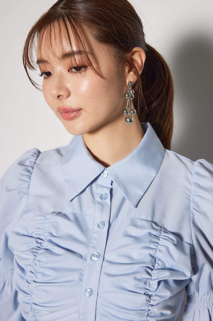 フロントシャーリングリボンミニシャツフレアワンピース BLU M