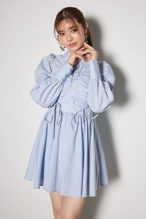 フロントシャーリングリボンミニシャツフレアワンピース