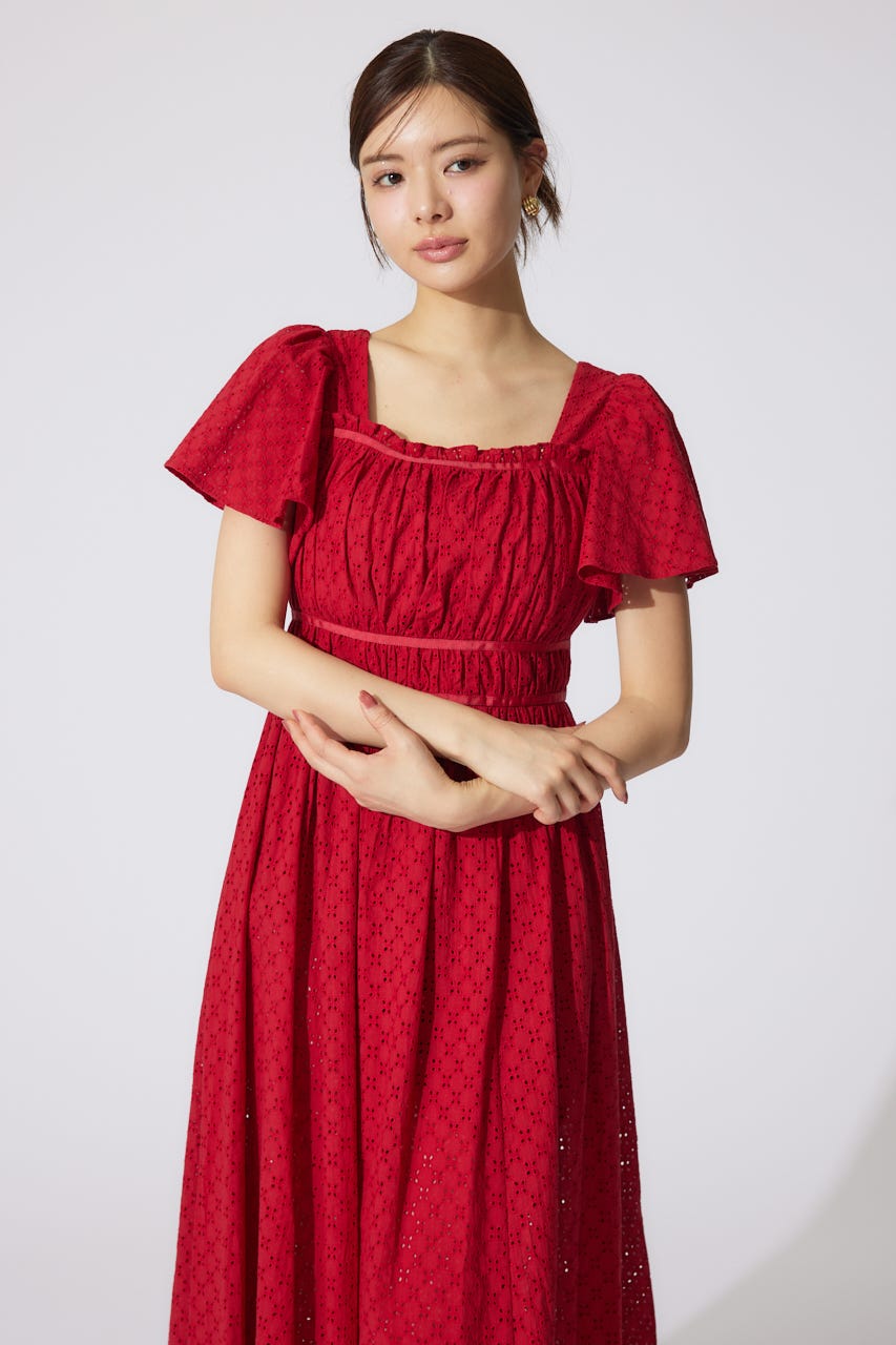 コットンレースフレアワンピース RED S