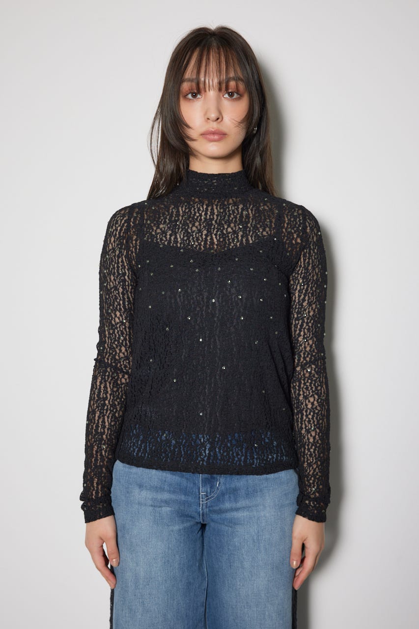 リエンダ カットソー 長袖 チュール レース F 黒 ブラック /YK27 rienda | ユニフォームレディーロンT (Tシャツ・カットソー(長袖