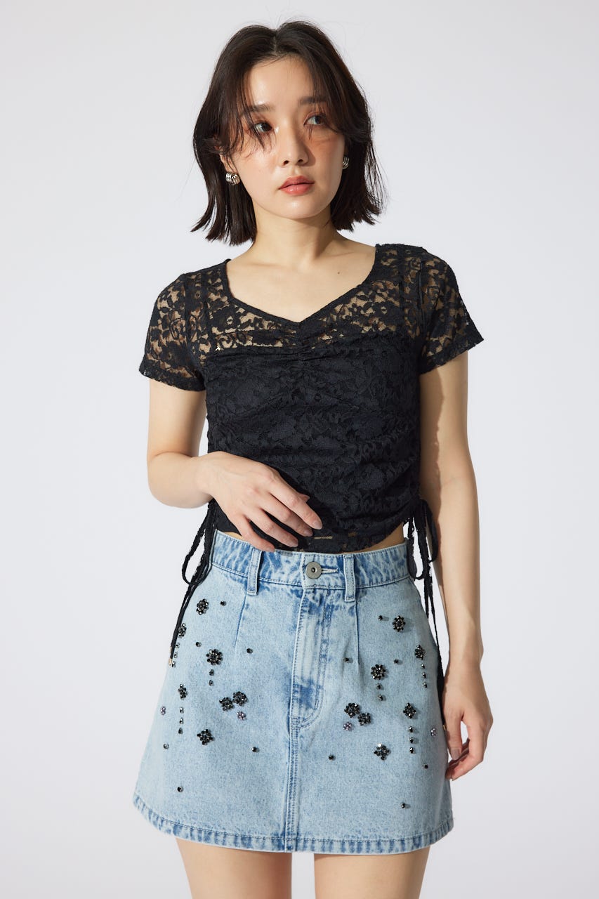 rady「新品タグ付」Sheller トップス rienda | バストギャザーデザインレースカットトップス (Tシャツ
