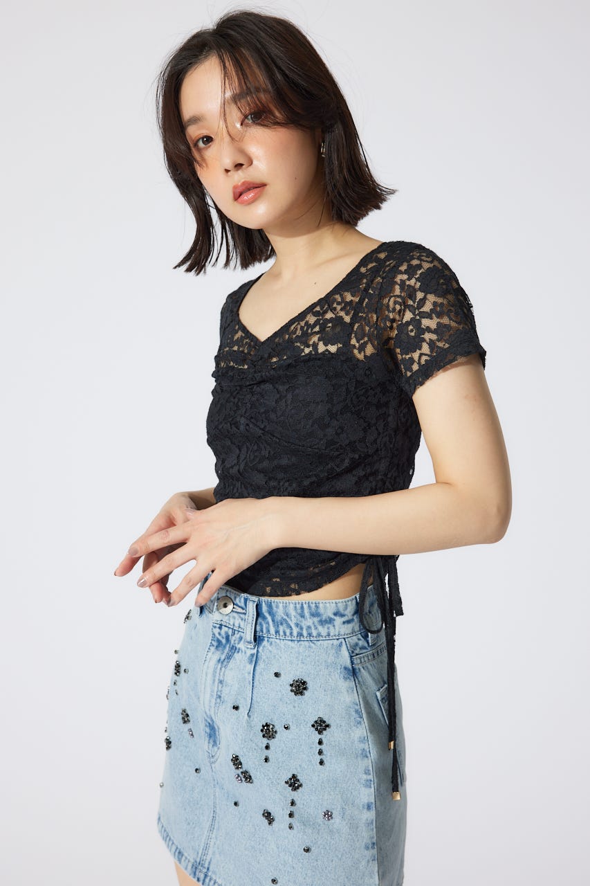 バストギャザーデザインレースカットトップス BLK FREE