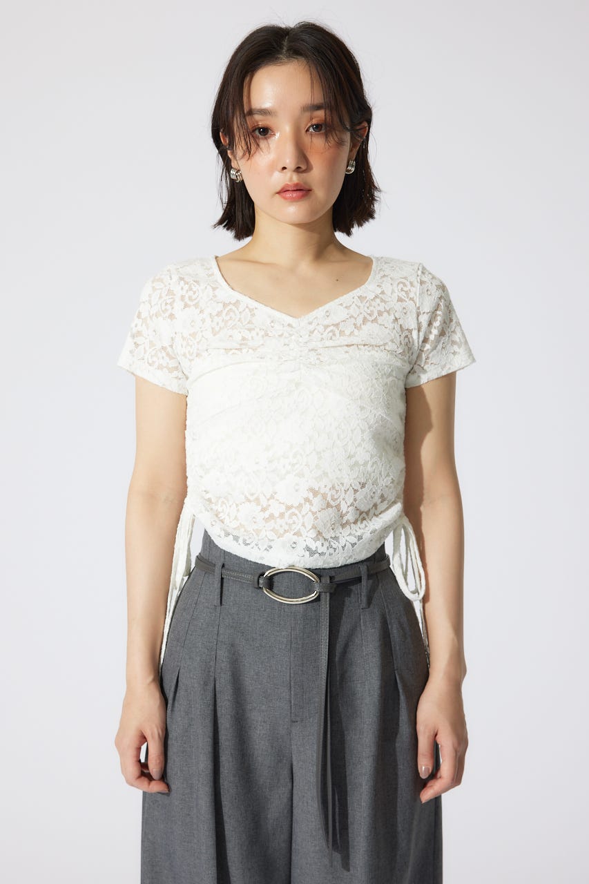 rienda | バストギャザーデザインレースカットトップス (Tシャツ