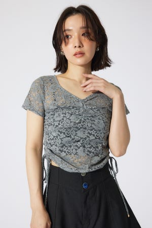 rienda | バストギャザーデザインレースカットトップス (Tシャツ