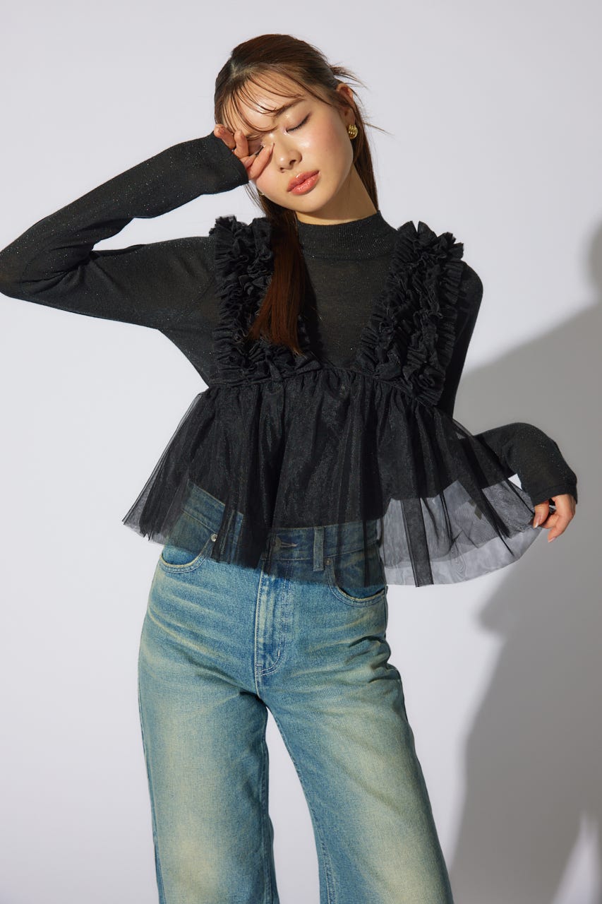 ボリュームチュールデニムGジャン BLK ヴァン Vin ワイドスリーブ