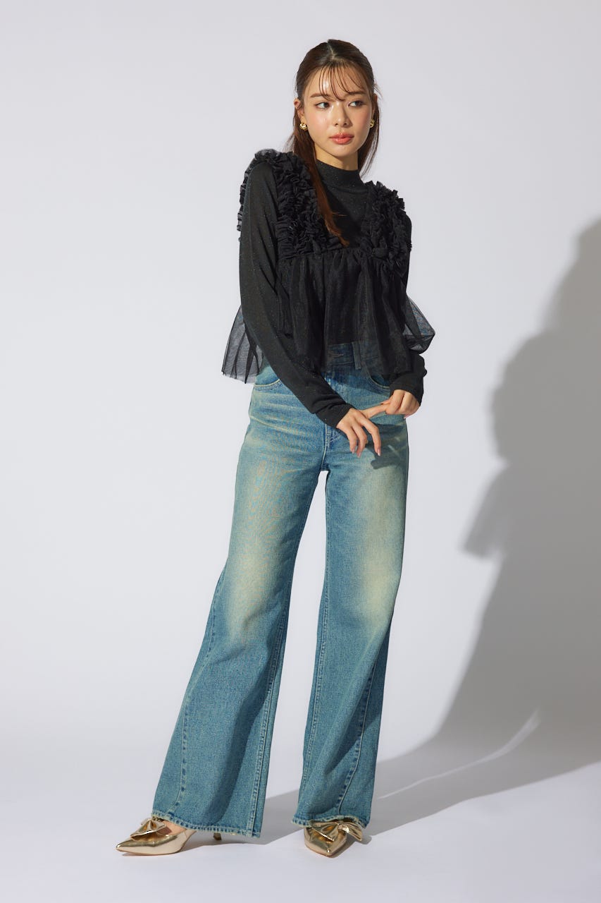 ボリュームチュールペプラムブラウス BLK M