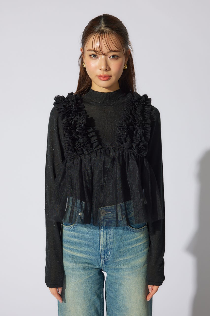 ボリュームチュールペプラムブラウス BLK M