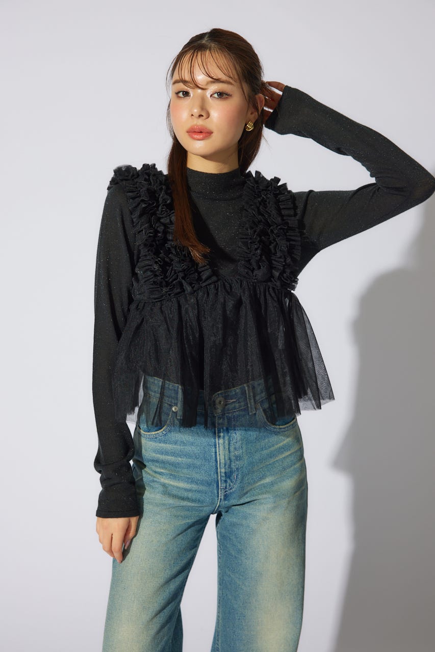 ボリュームチュールペプラムブラウス BLK M