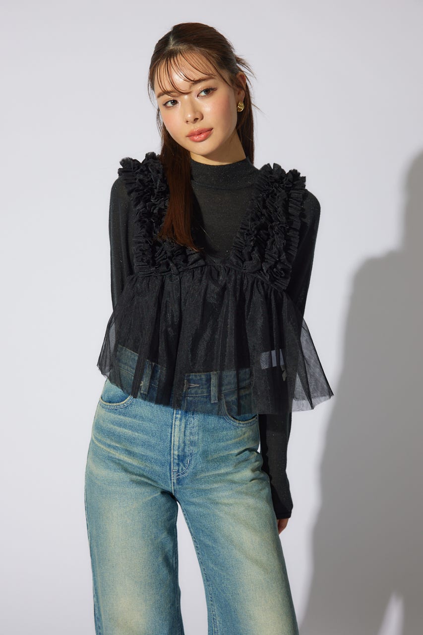 ボリュームチュールペプラムブラウス BLK M