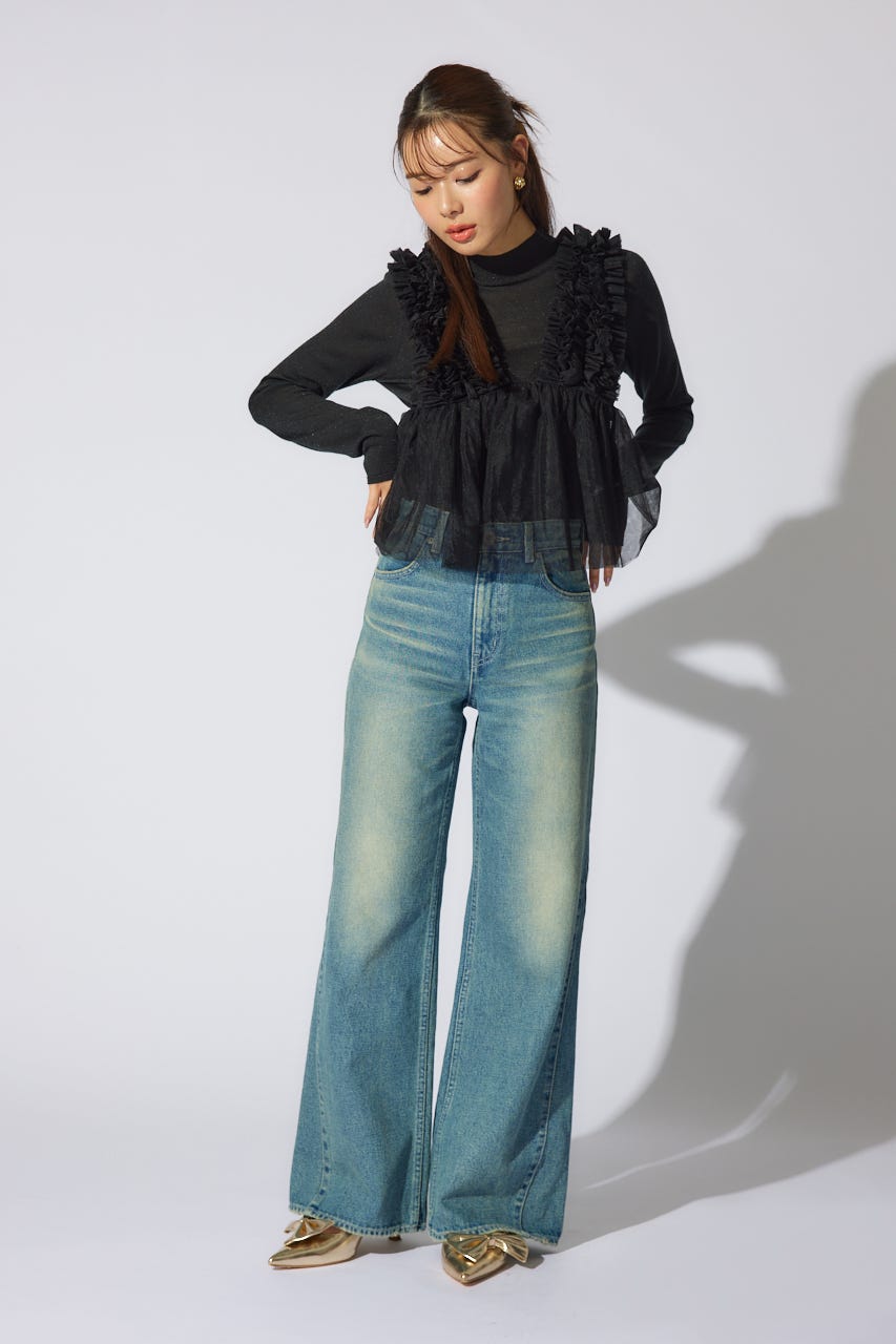 ボリュームチュールペプラムブラウス BLK M