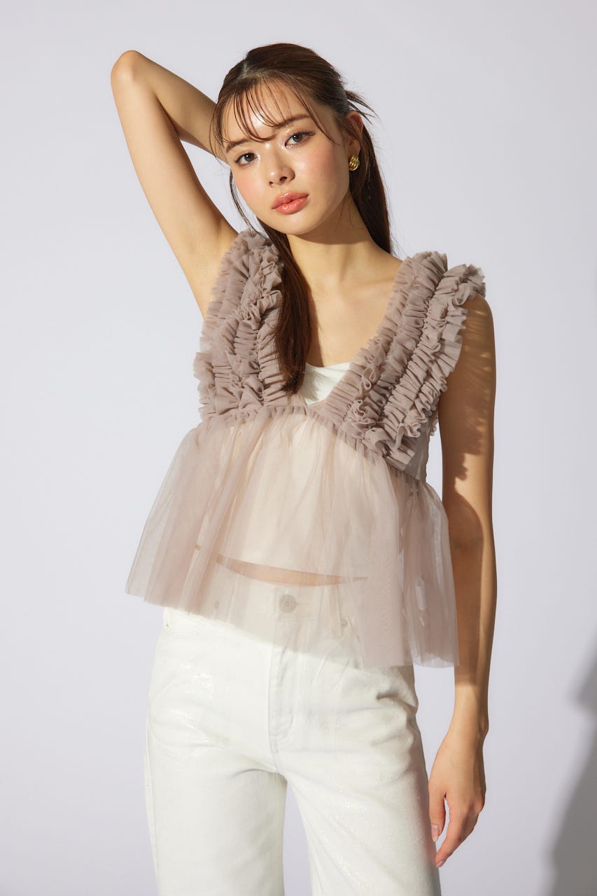 ボリュームチュールペプラムブラウス L/BEG M