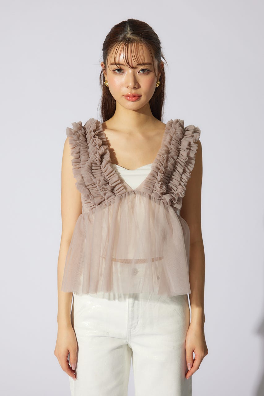 ボリュームチュールペプラムブラウス L/BEG M