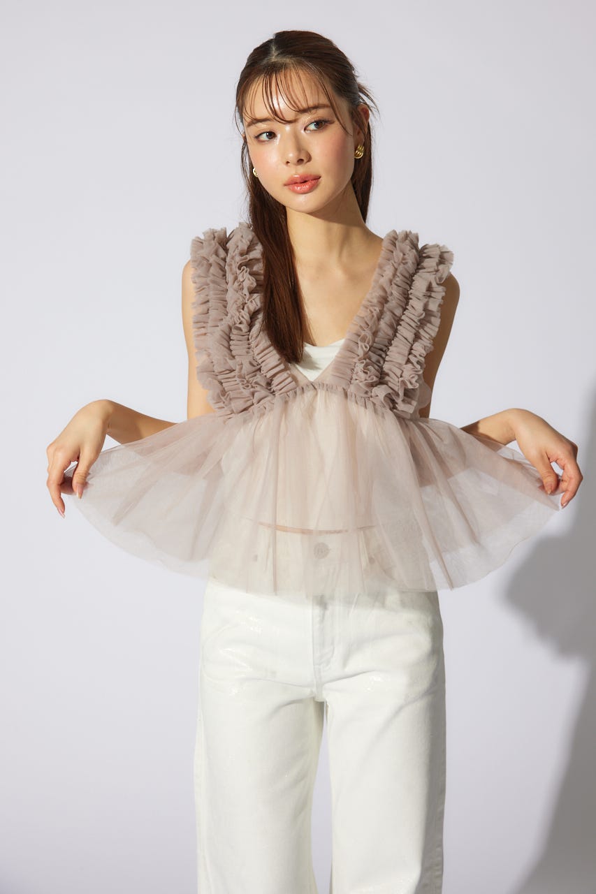 ボリュームチュールペプラムブラウス L/BEG M