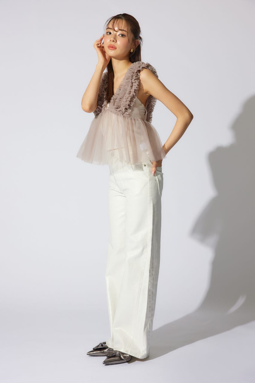 ボリュームチュールペプラムブラウス L/BEG M