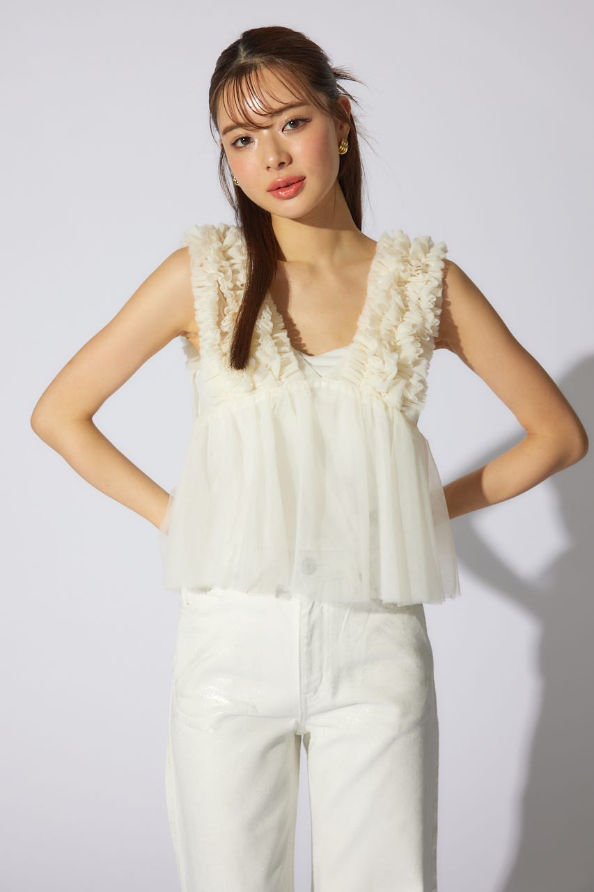ボリュームチュールペプラムブラウス WHT S