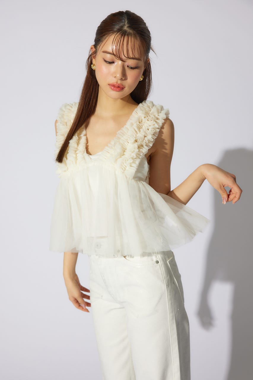 ボリュームチュールペプラムブラウス WHT S