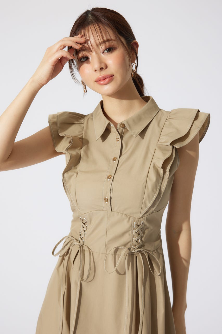 riendaフリル付きシャツワンピース M リエンダ rienda フロントZIPシャツミニワンピース （GRY