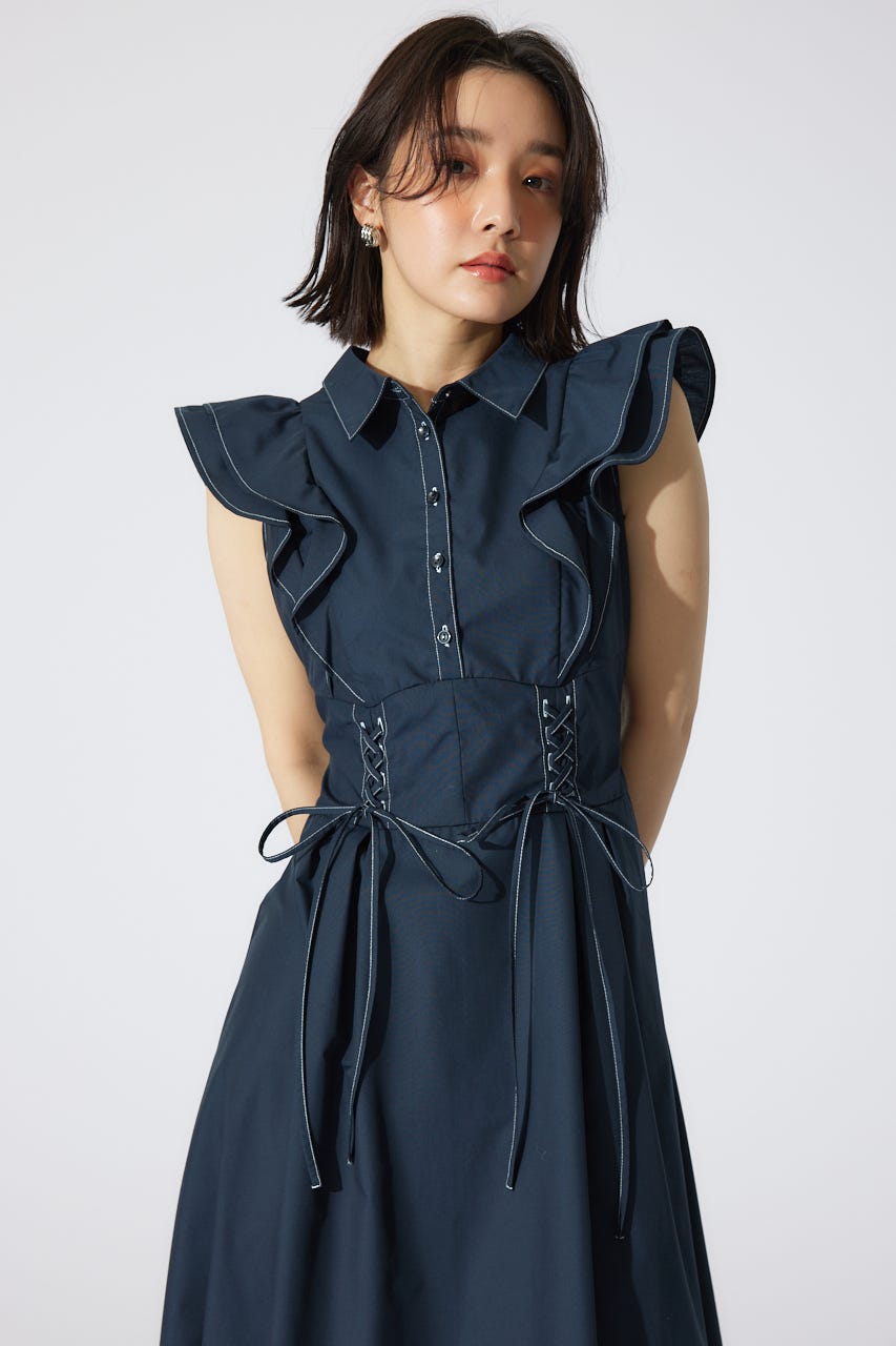 riendaフリル付きシャツワンピース M リエンダ rienda フロントZIPシャツミニワンピース （GRY