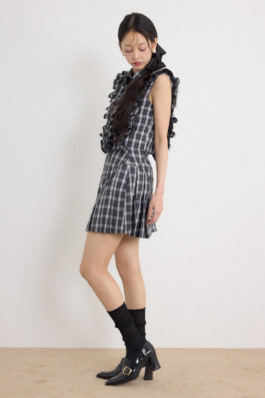プリーツミニスコートショートパンツ 柄BLK XS