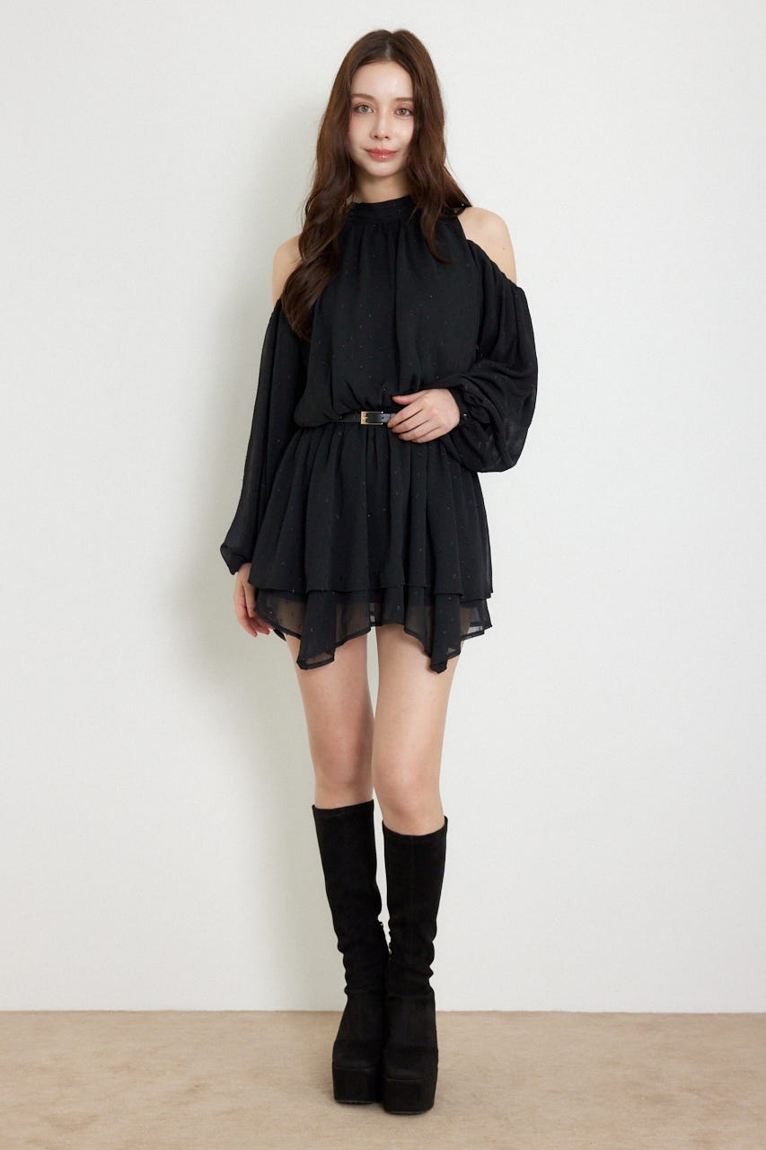 ベルト付きボリュームシフォンミニワンピース BLK S