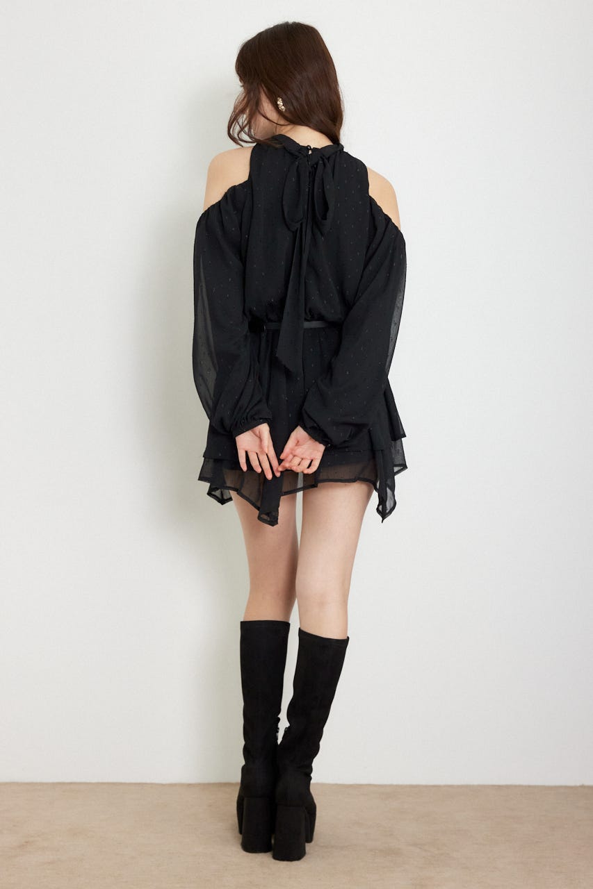 ベルト付きボリュームシフォンミニワンピース BLK S