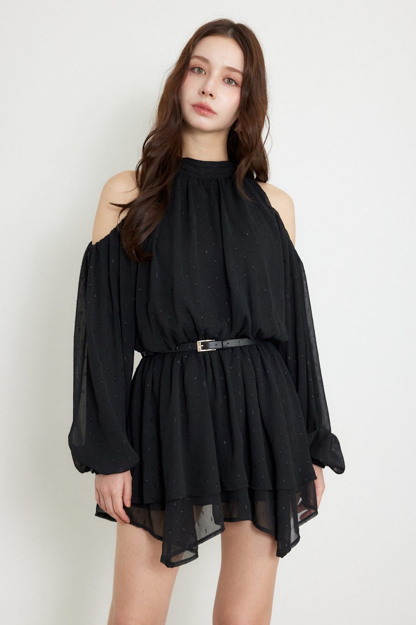 ベルト付きボリュームシフォンミニワンピース BLK S