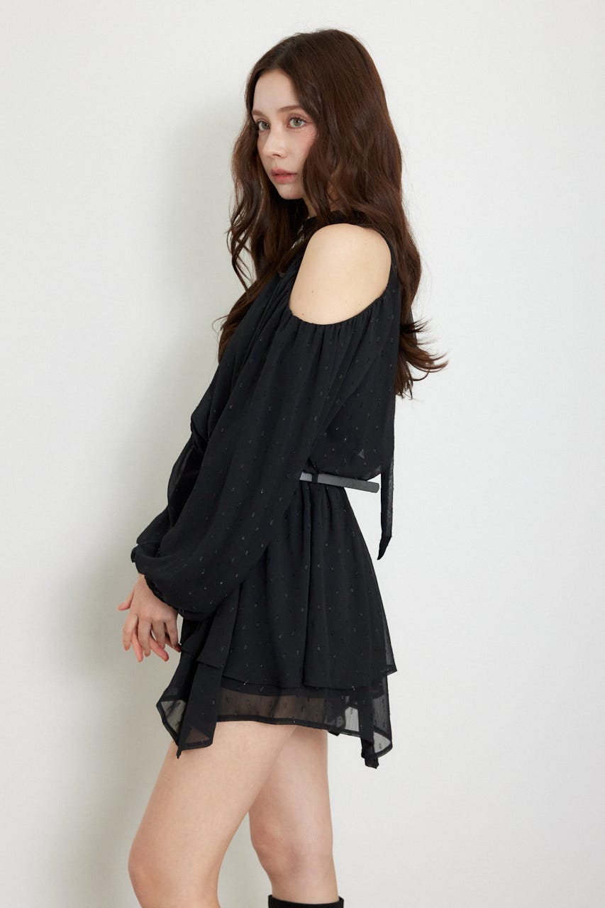 ベルト付きボリュームシフォンミニワンピース BLK S