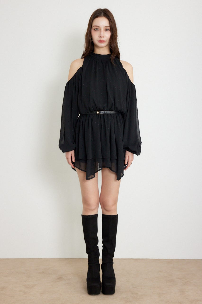 ベルト付きボリュームシフォンミニワンピース BLK S
