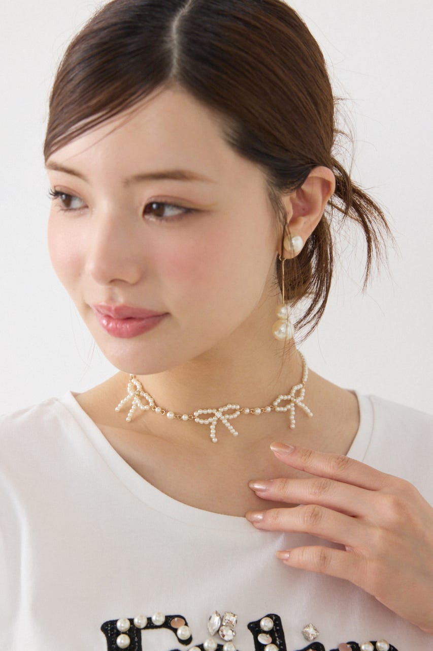リボンデザインフェイクパールネックレス WHT FREE