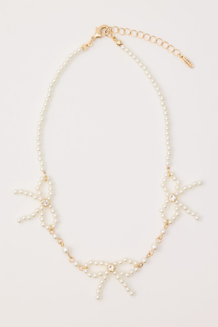 リボンデザインフェイクパールネックレス WHT FREE
