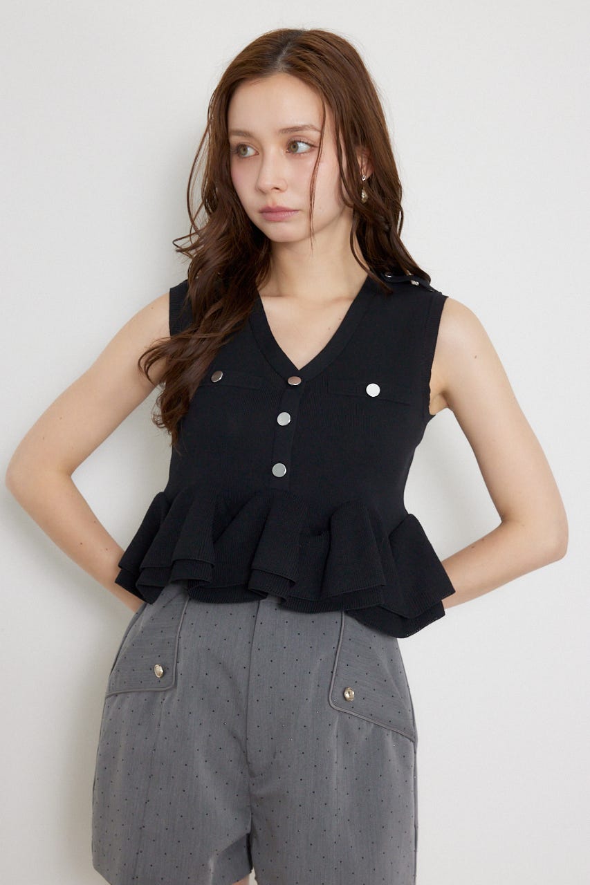 ゴールドボタンペプラムニットトップス BLK FREE