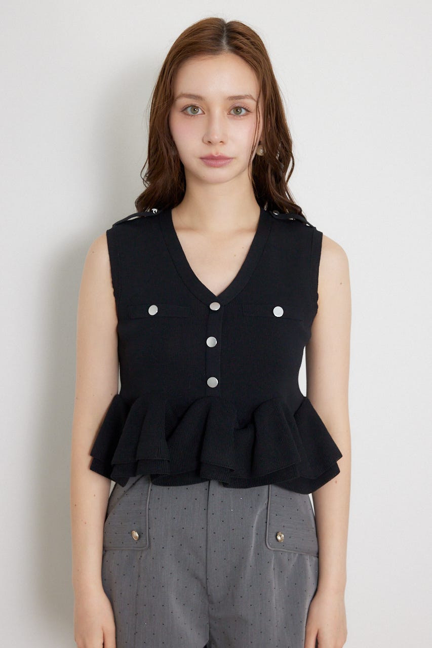 ゴールドボタンペプラムニットトップス BLK FREE