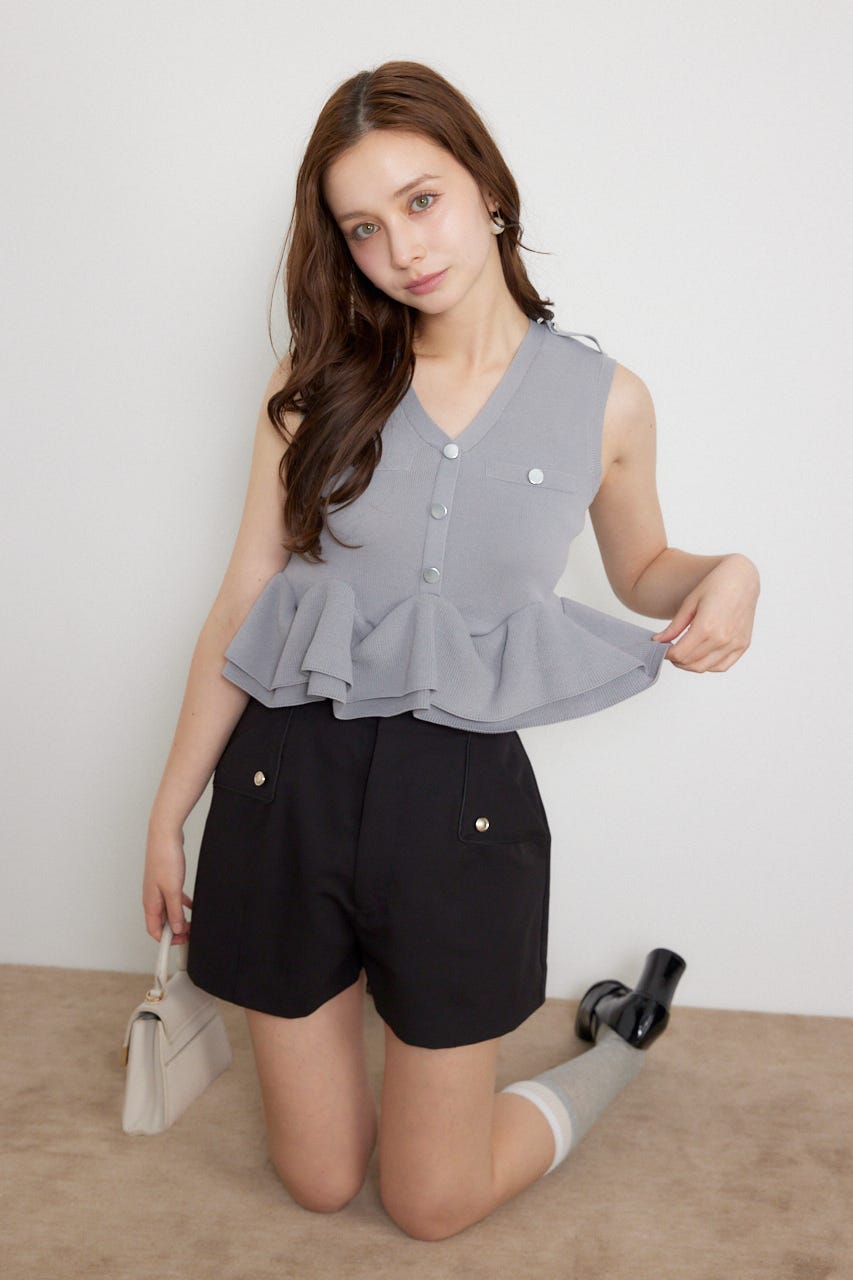 ゴールドボタンペプラムニットトップス GRY FREE
