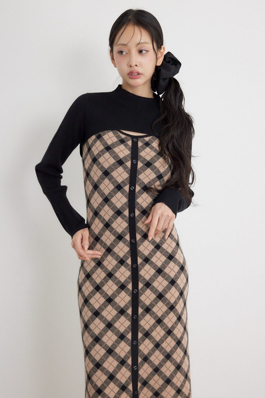 ハイネックニットセットジャガードロングワンピース BLK FREE