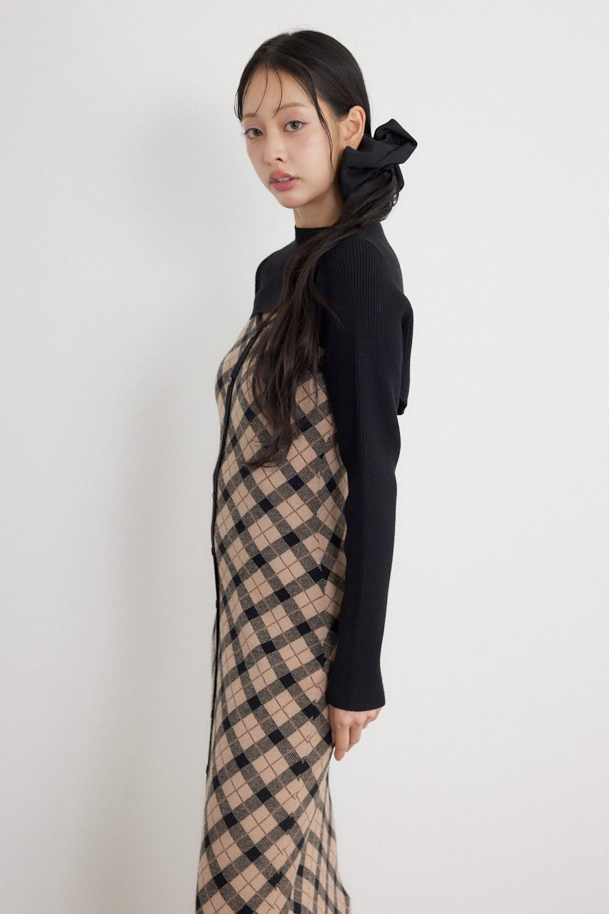 ハイネックニットセットジャガードロングワンピース BLK FREE