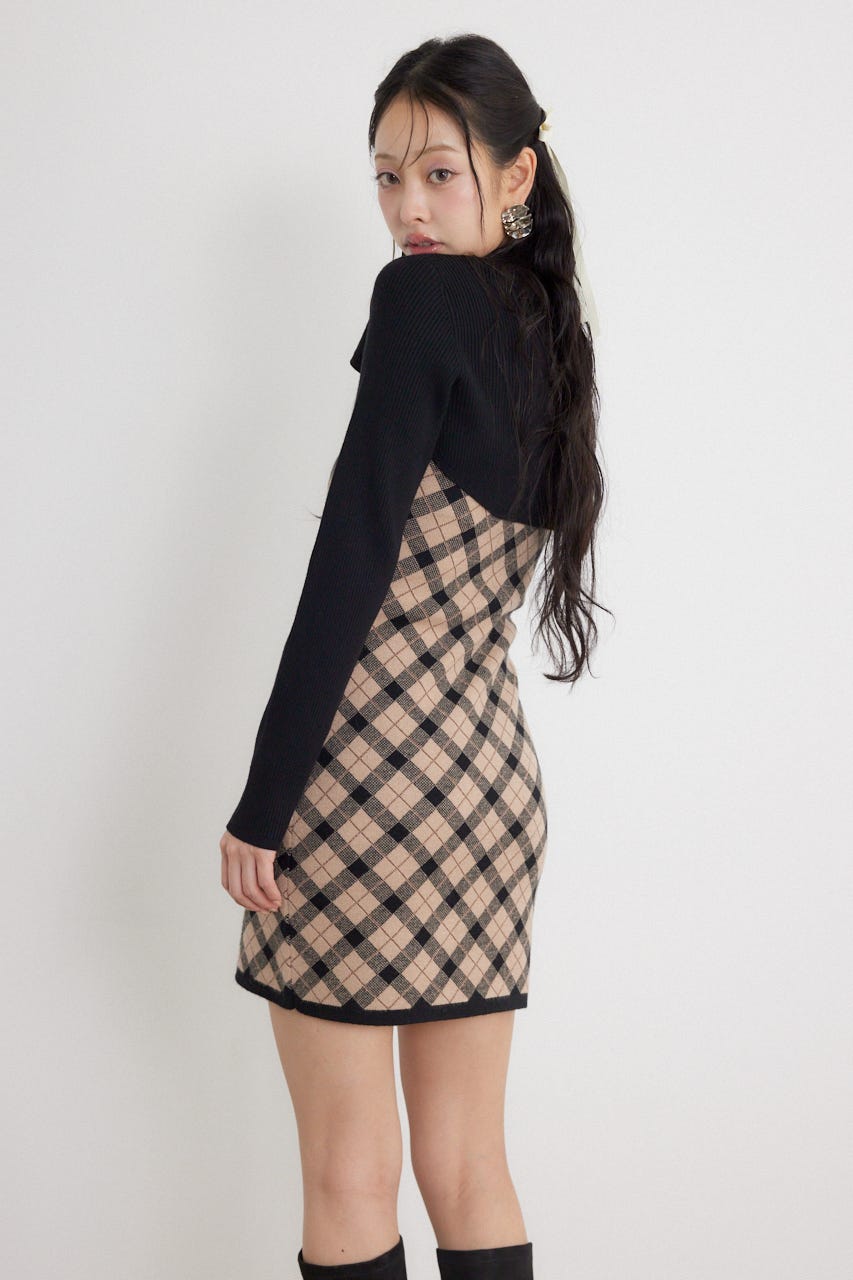 ハイネックニットセットジャガードミニワンピース BLK FREE