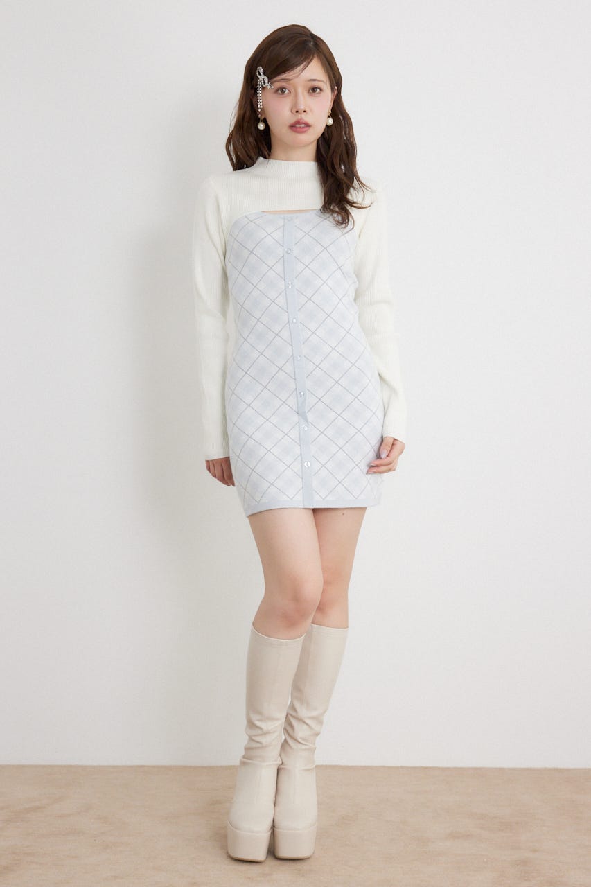 ハイネックニットセットジャガードミニワンピース WHT FREE