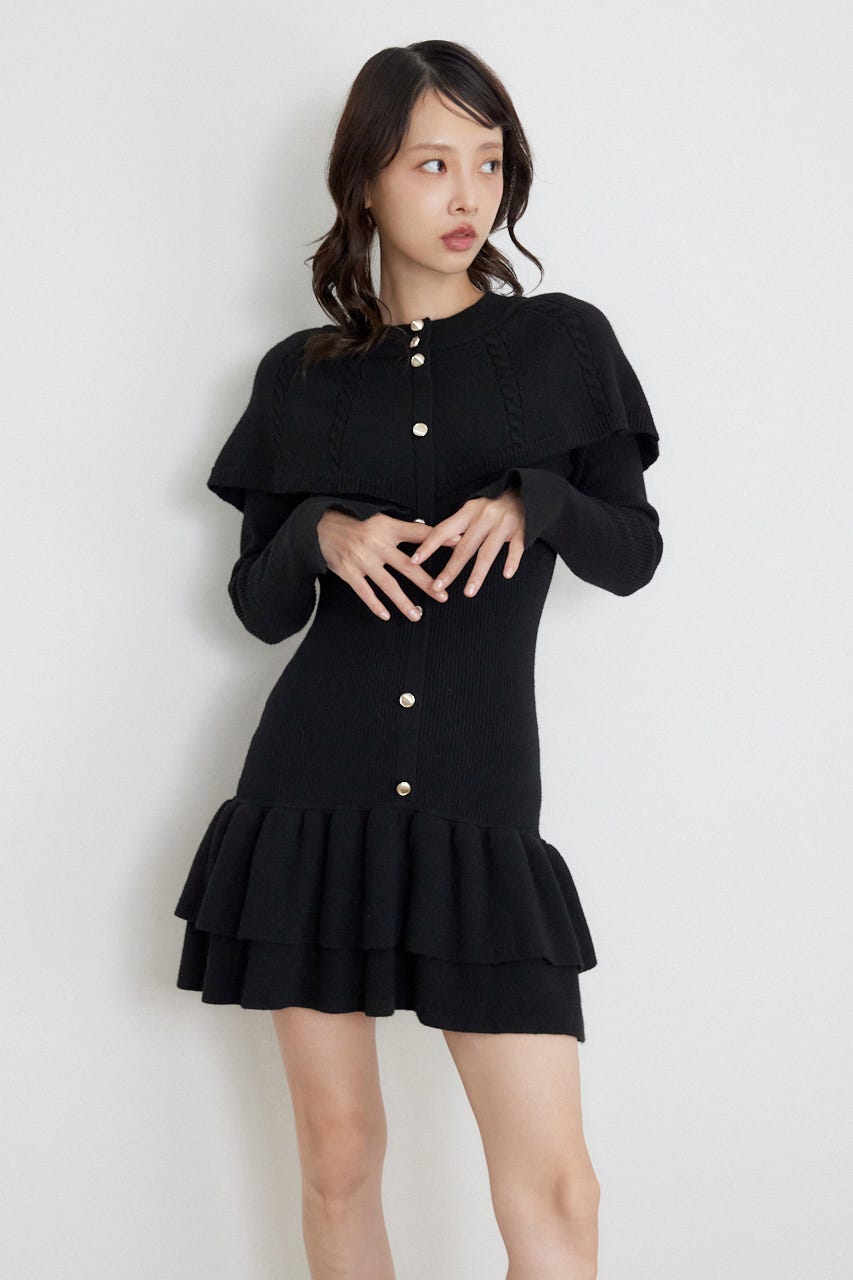 ケープデザインフリルミニニットワンピース BLK FREE